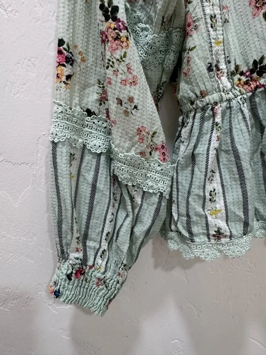 Anthropologie Hemant & Nandita Amour Floral Lace Blouse Top Mint Green Medium - Picture 7 of 15